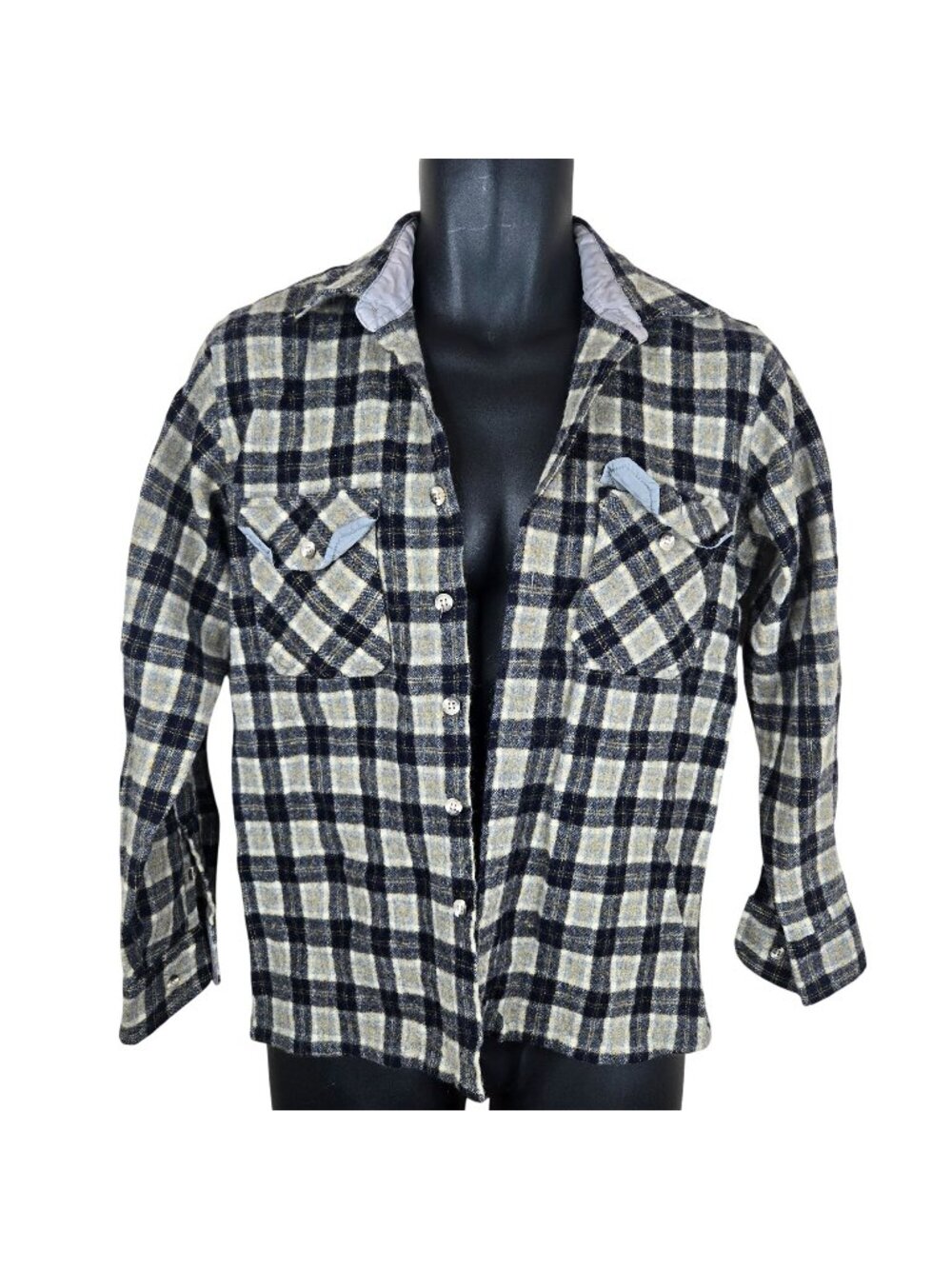 Vintage 80s Mens S Plaid Shirt Wool Shacket Shirt Navy Blue Gray